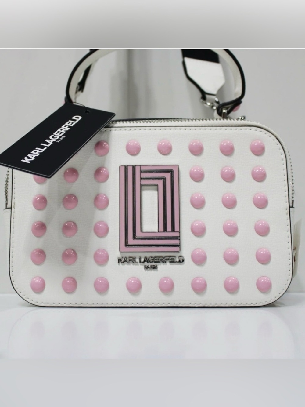 Karl Lagerfeld White Mini Camera Bag with Pink Studs